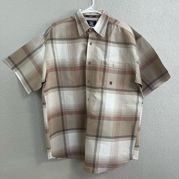 Wrangler 20X Tan + White Plaid Short Sleeve Button Down Shirt Mens Size Large - Picture 1 of 6